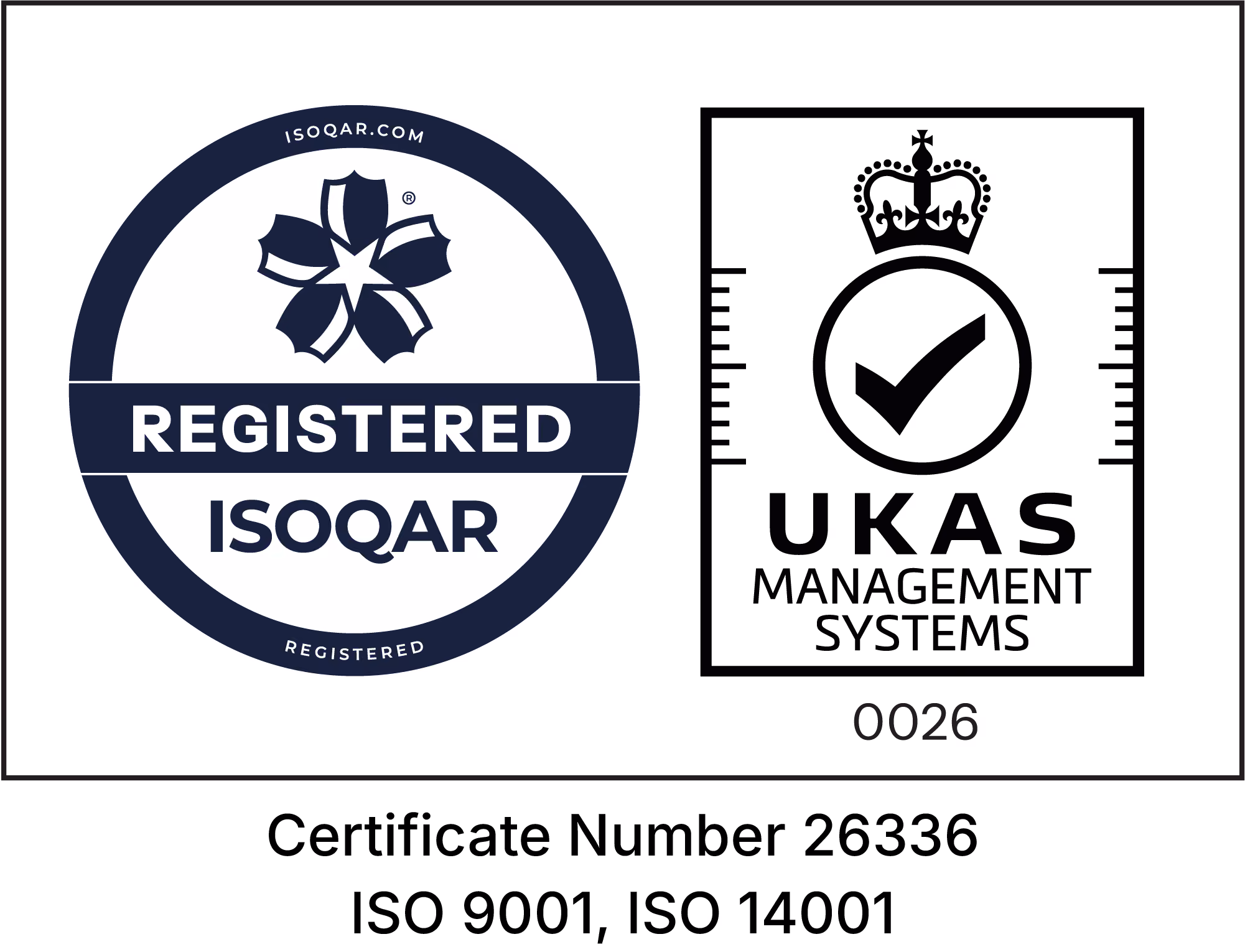 ISOQAR registered logo and UKAS Management Systems certification with certificate number 28328.