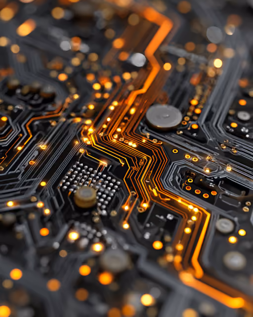 Close-up view of a black circuit board with intricate orange glowing pathways and small metallic components. Quality assurance, innovation, and compliance in modern tech.