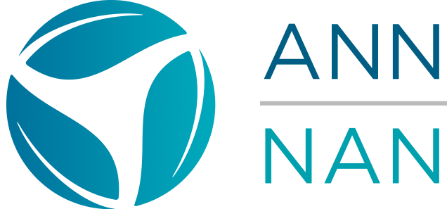 Logo circulaire avec des formes stylisées évoquant des feuilles ou des éléments naturels en dégradé de bleu et vert, à côté des mots ANN et NAN séparés par une ligne horizontale.