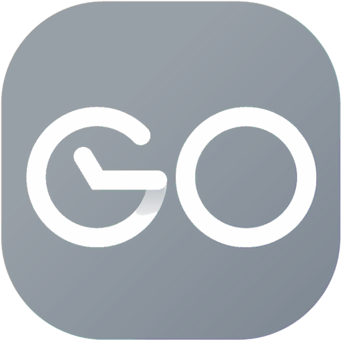 Logo stylisé avec les lettres G et O en blanc sur un fond gris arrondi.