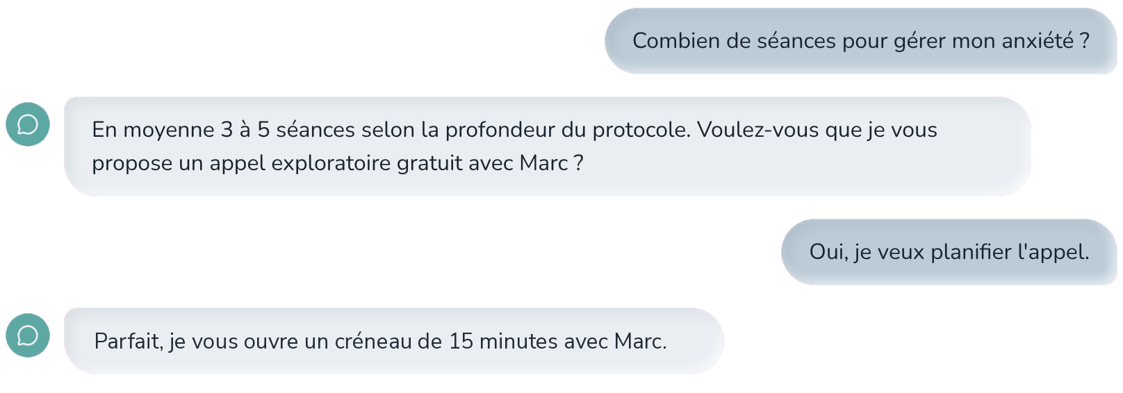 Exemple de conversation avec Mia, l'assistante de Marc Bédard, pour planifier un appel gratuit