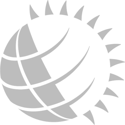 Symbole stylisé d'un globe partiellement couvert de segments gris et bordé d'éclats rappelant des rayons de soleil, sur fond noir transparent.