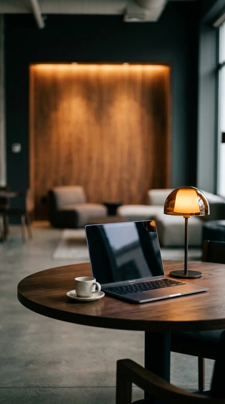 Interior de coworking premium con mesa redonda de madera oscura, portátil abierto y lámpara de sobremesa encendida en tonos ámbar, con zona lounge desenfocada al fondo