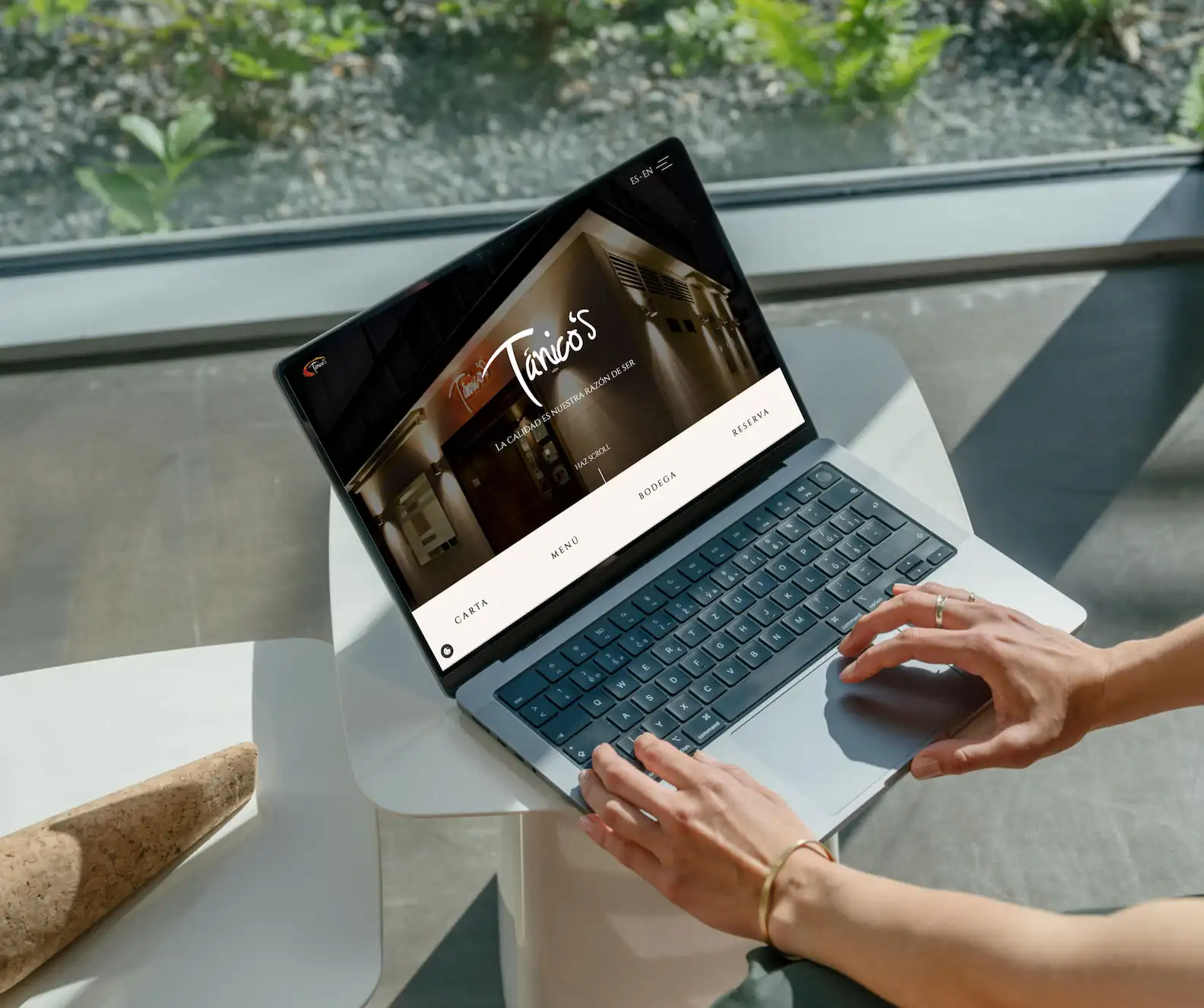 Manos de mujer usando MacBook que tiene en pantalla la web de Tánico's apoyado sobre una mesa