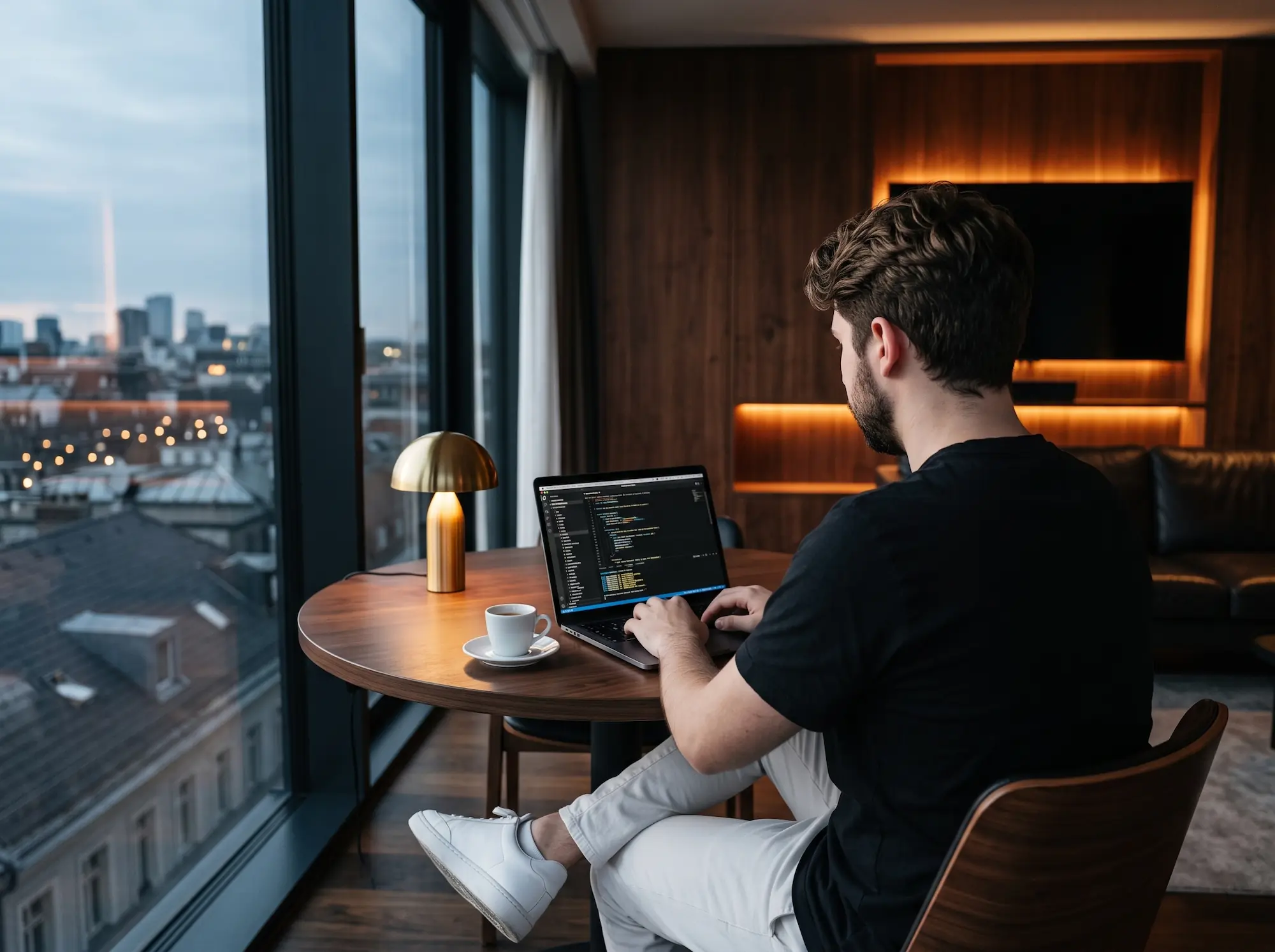 Joven en un estudio de ático sentado en una mesita de madera trabajando con un MacBook