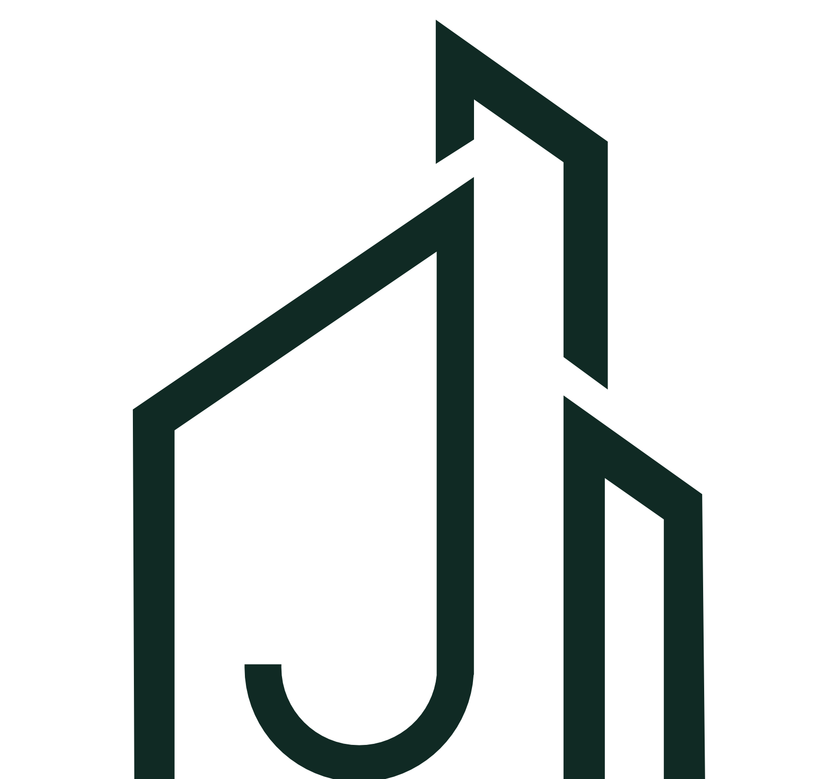 Stijlvol zwart pictogram van een gebouw met een pijl omhoog geïntegreerd in het ontwerp.
