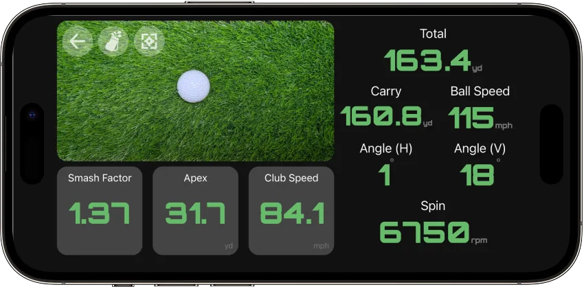 Trackeon live tracker screen showing carry, ball speed, launch angles, spin, apex and club speed in real time