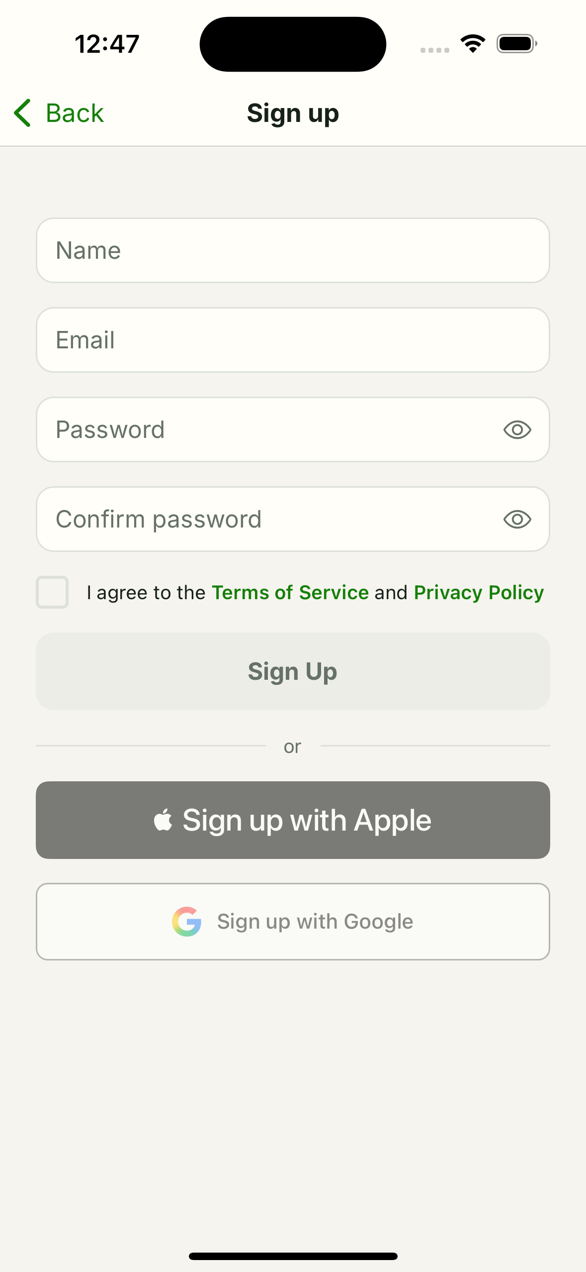 Trackeon sign up screen with name, email, password fields and Apple/Google buttons