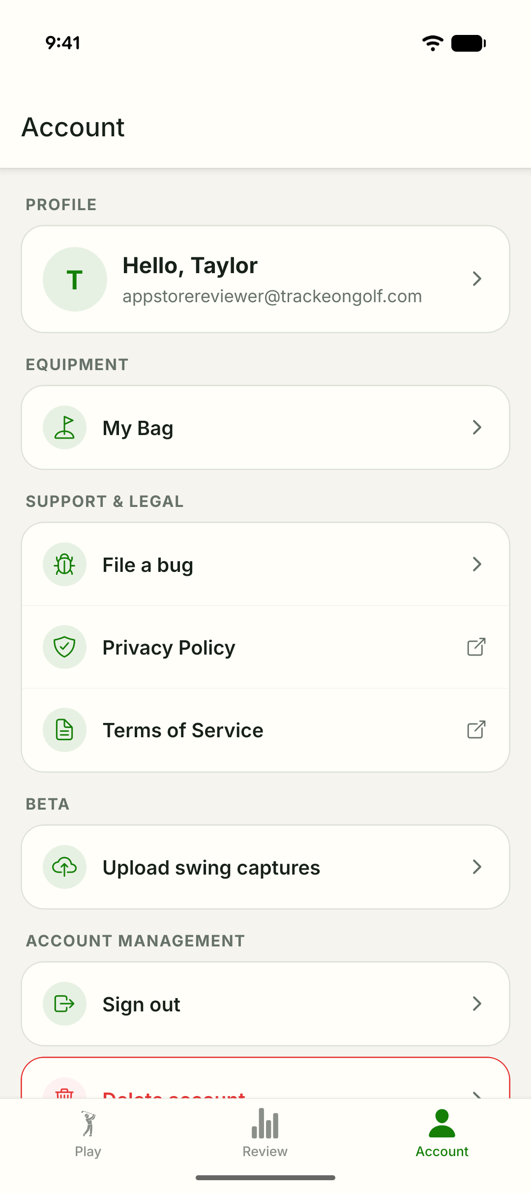 Trackeon account screen with File a bug and Upload swing captures rows
