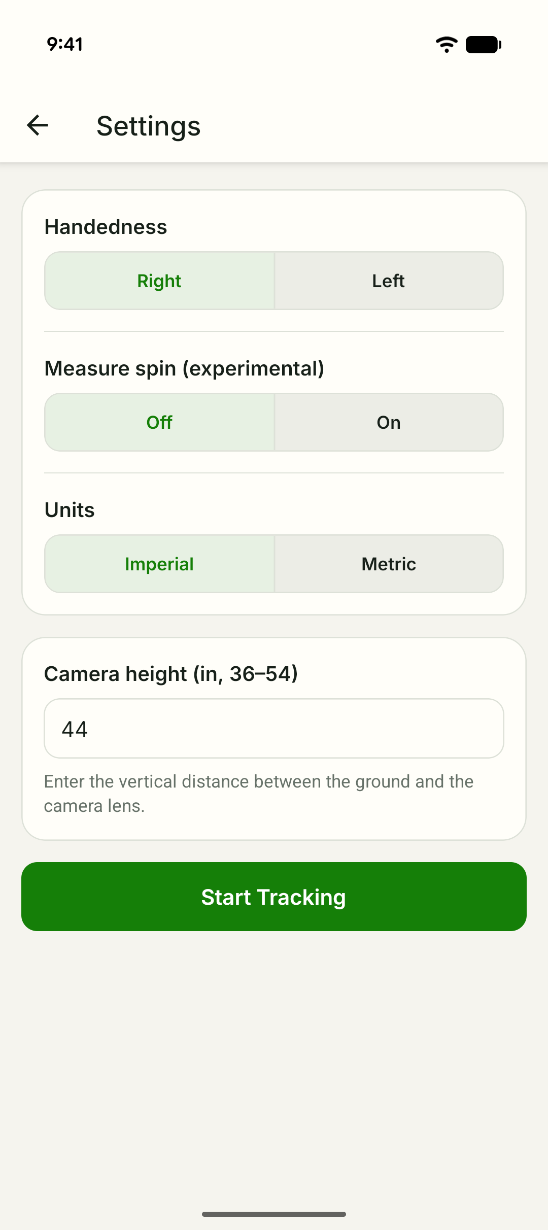Trackeon tracker settings screen with handedness, units, and camera height fields