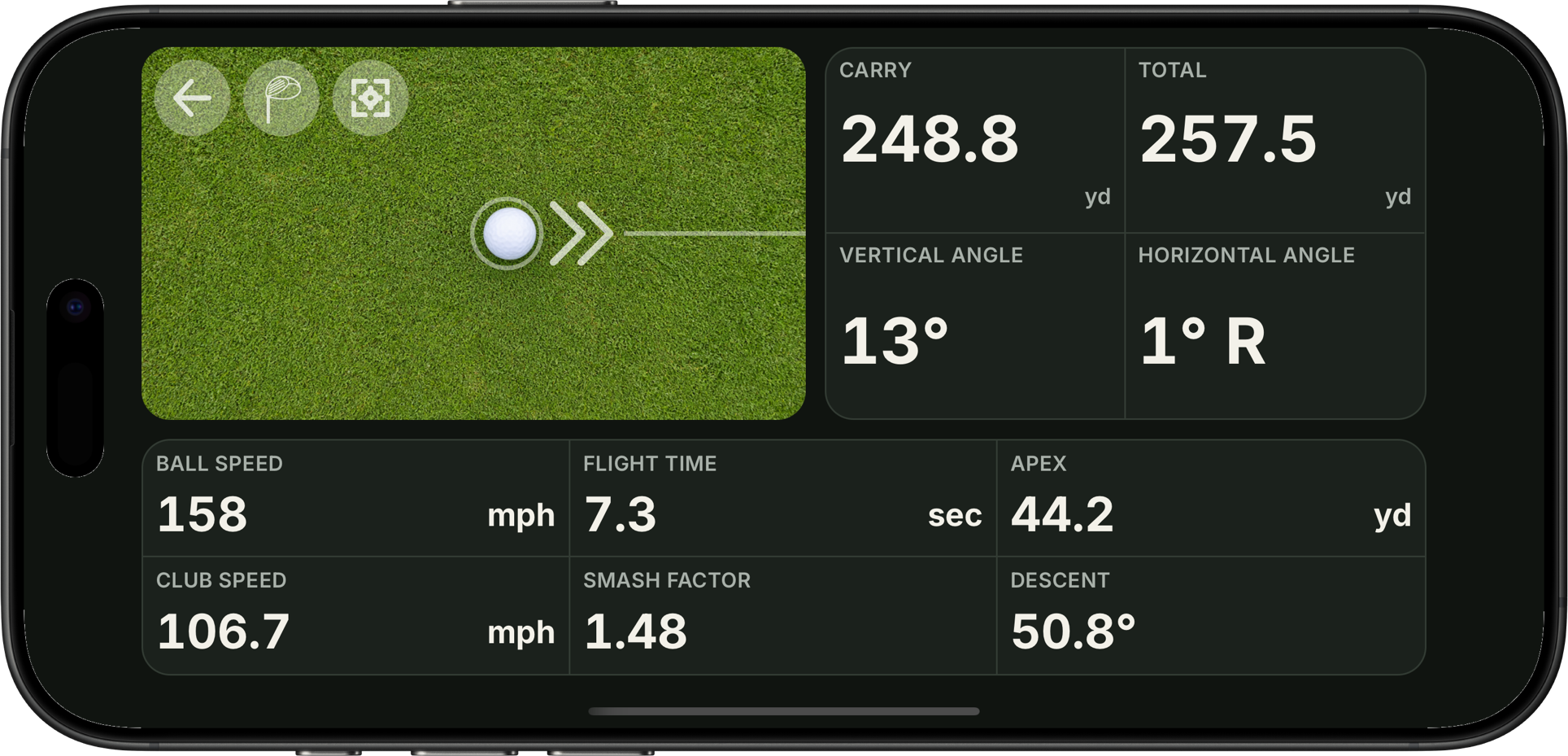 Trackeon shot result showing carry, total distance, ball speed, launch angle, flight time, apex, and descent