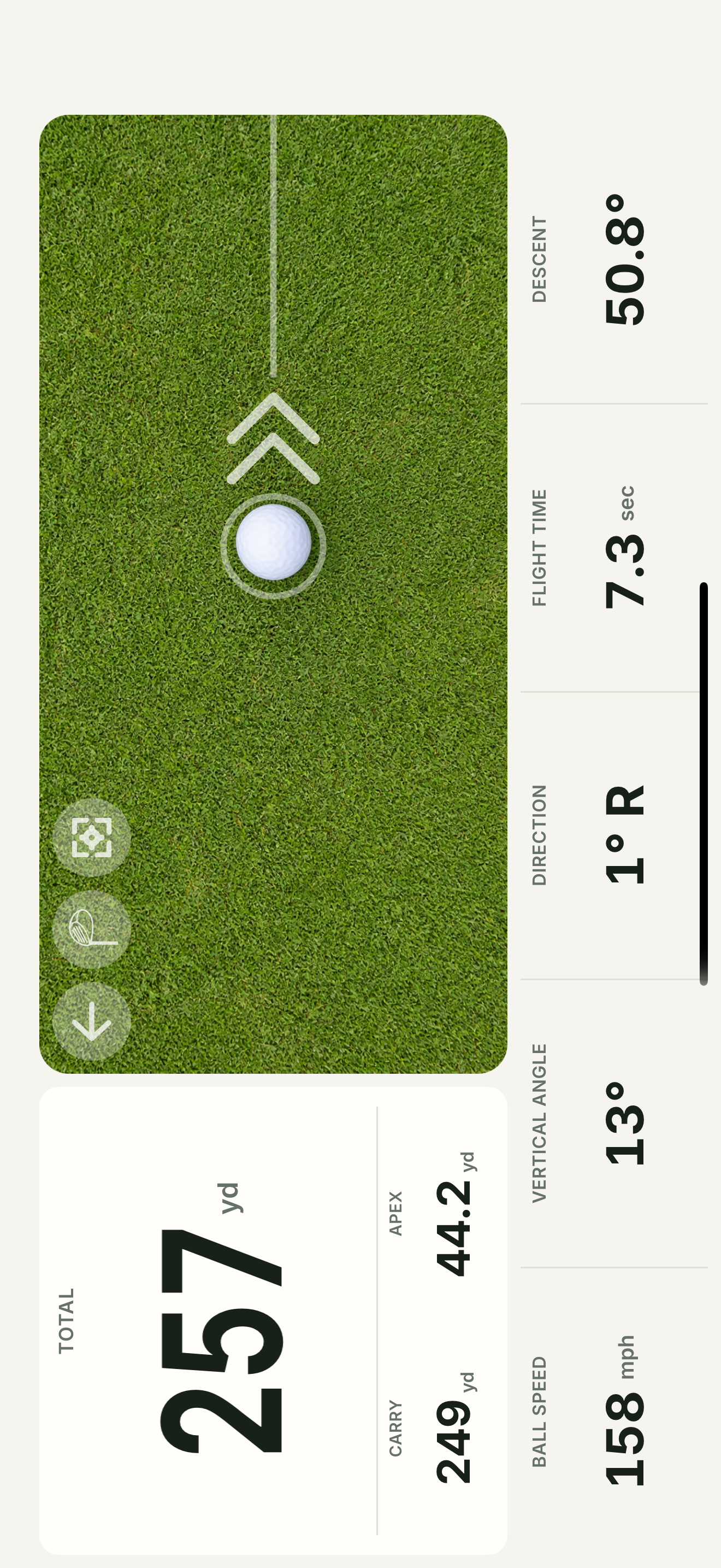 Trackeon tracker dashboard showing total distance, carry, apex, ball speed, vertical angle, direction, flight time, and descent