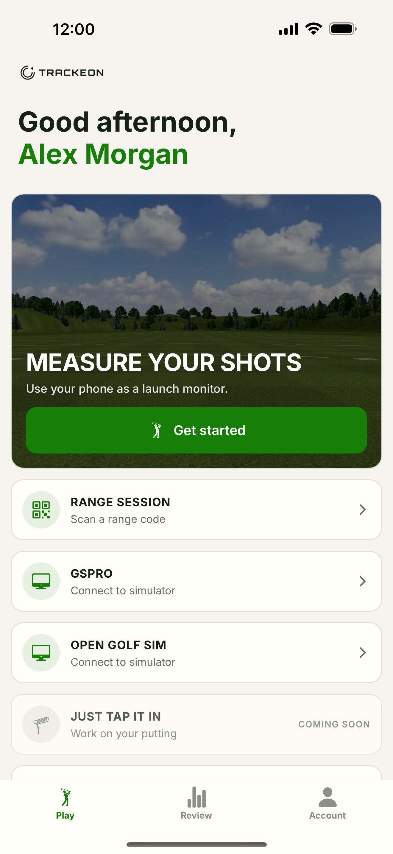 Trackeon Home screen showing Range Session, GSPro, and Open Golf Sim connection options