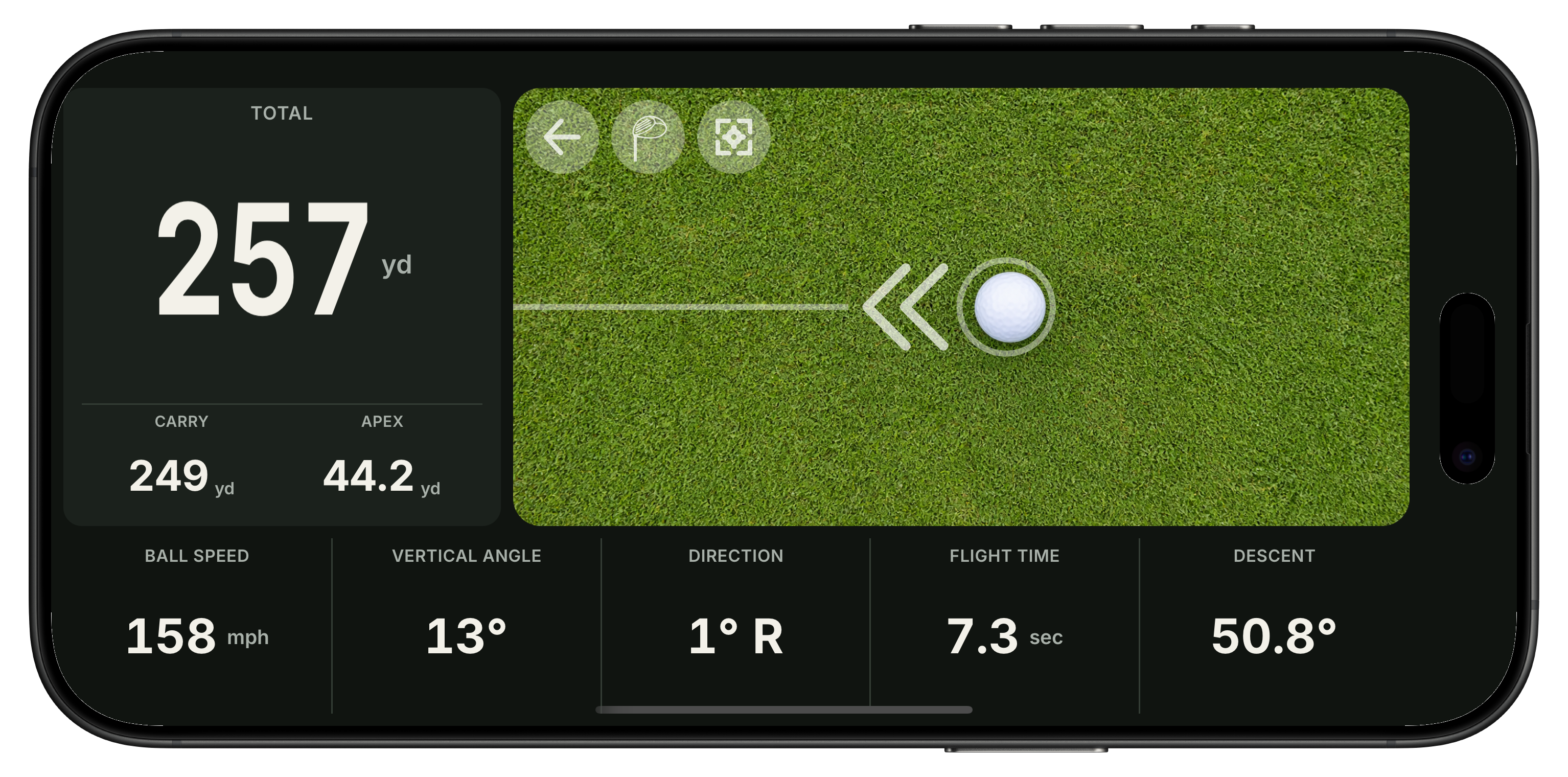 Trackeon tracker dashboard showing total distance, carry, apex, ball speed, vertical angle, direction, flight time, and descent