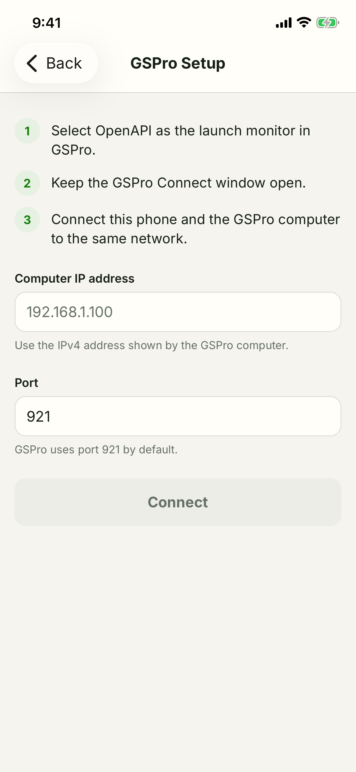 Trackeon GSPro Setup screen with OpenAPI instructions, computer IP address, port 921, and Connect button