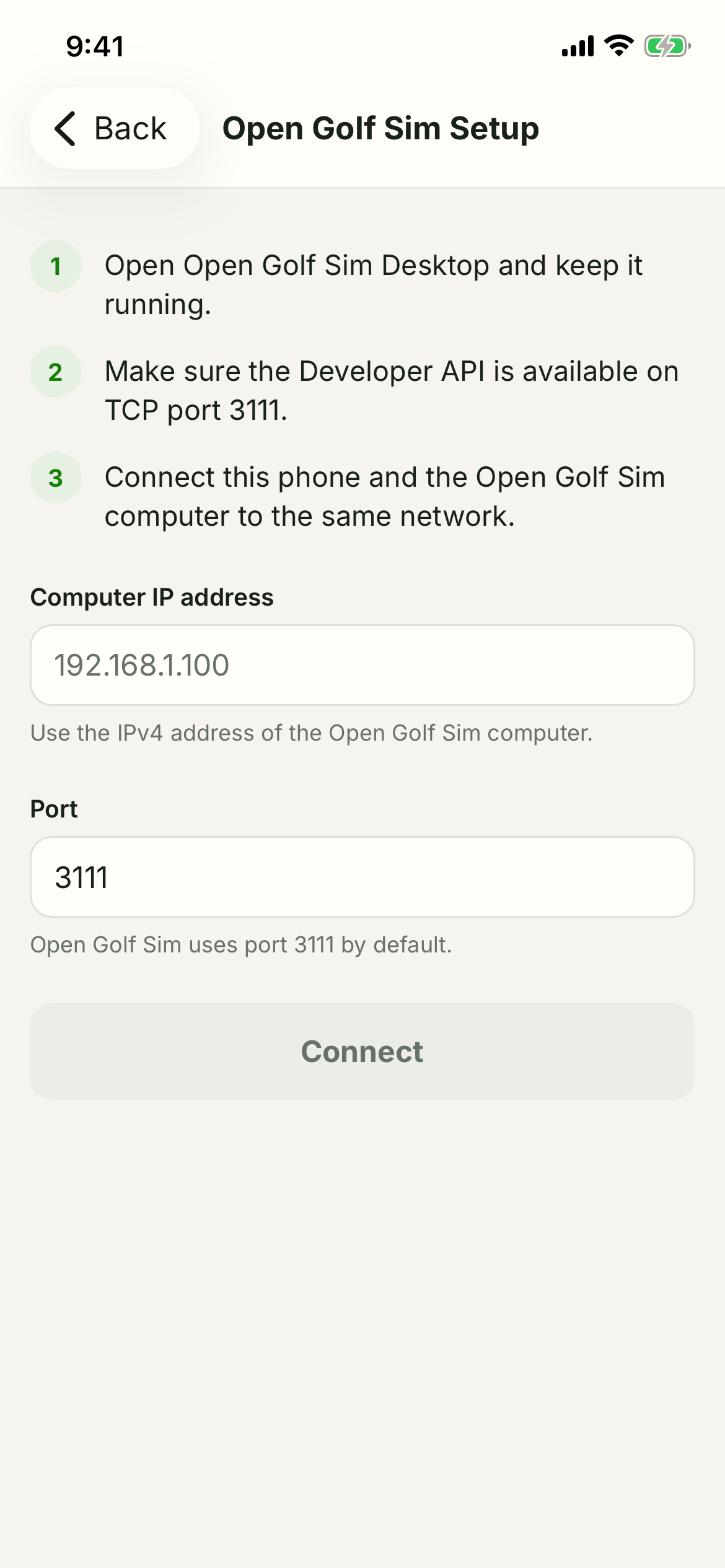 Trackeon Open Golf Sim Setup screen with computer IP address, port 3111, and Connect button