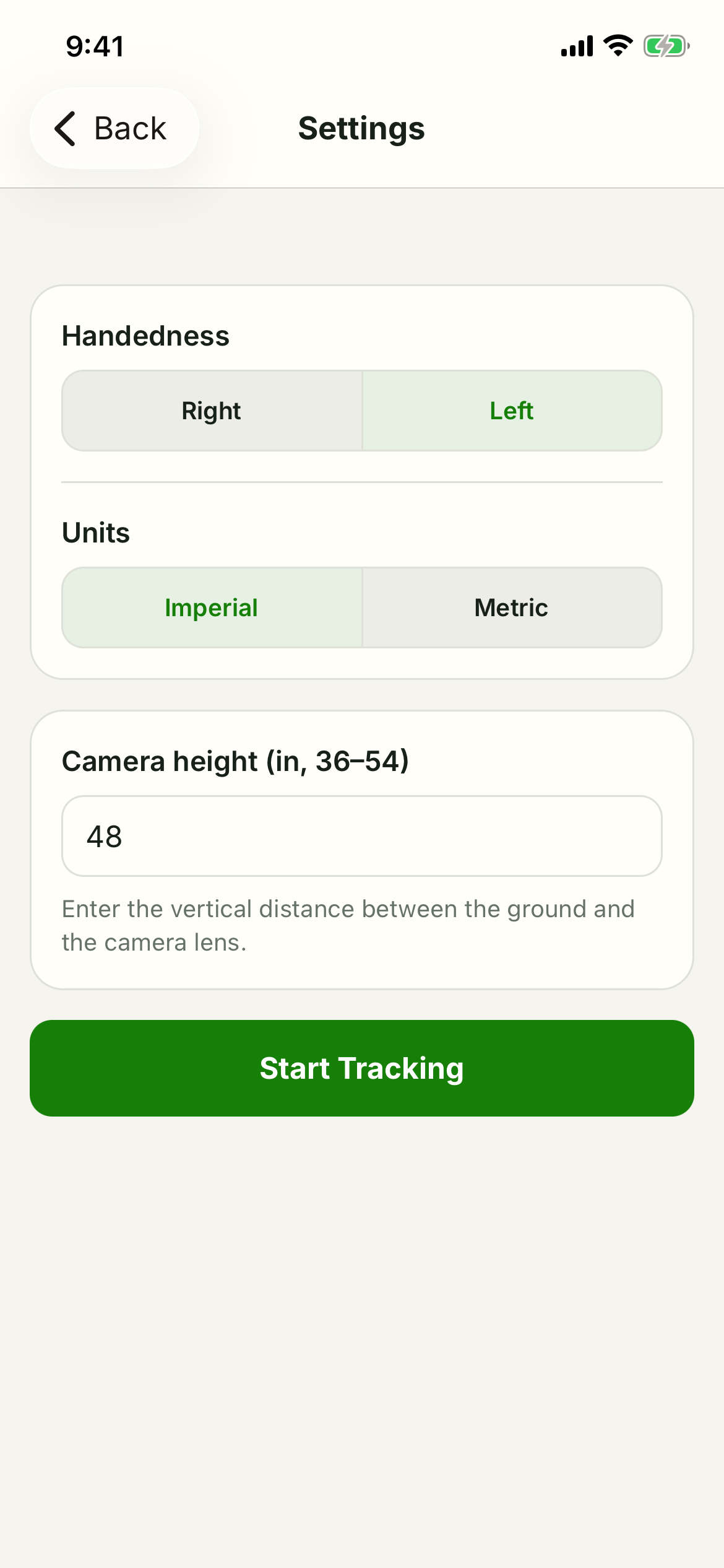 Trackeon Settings showing handedness, units, and camera height