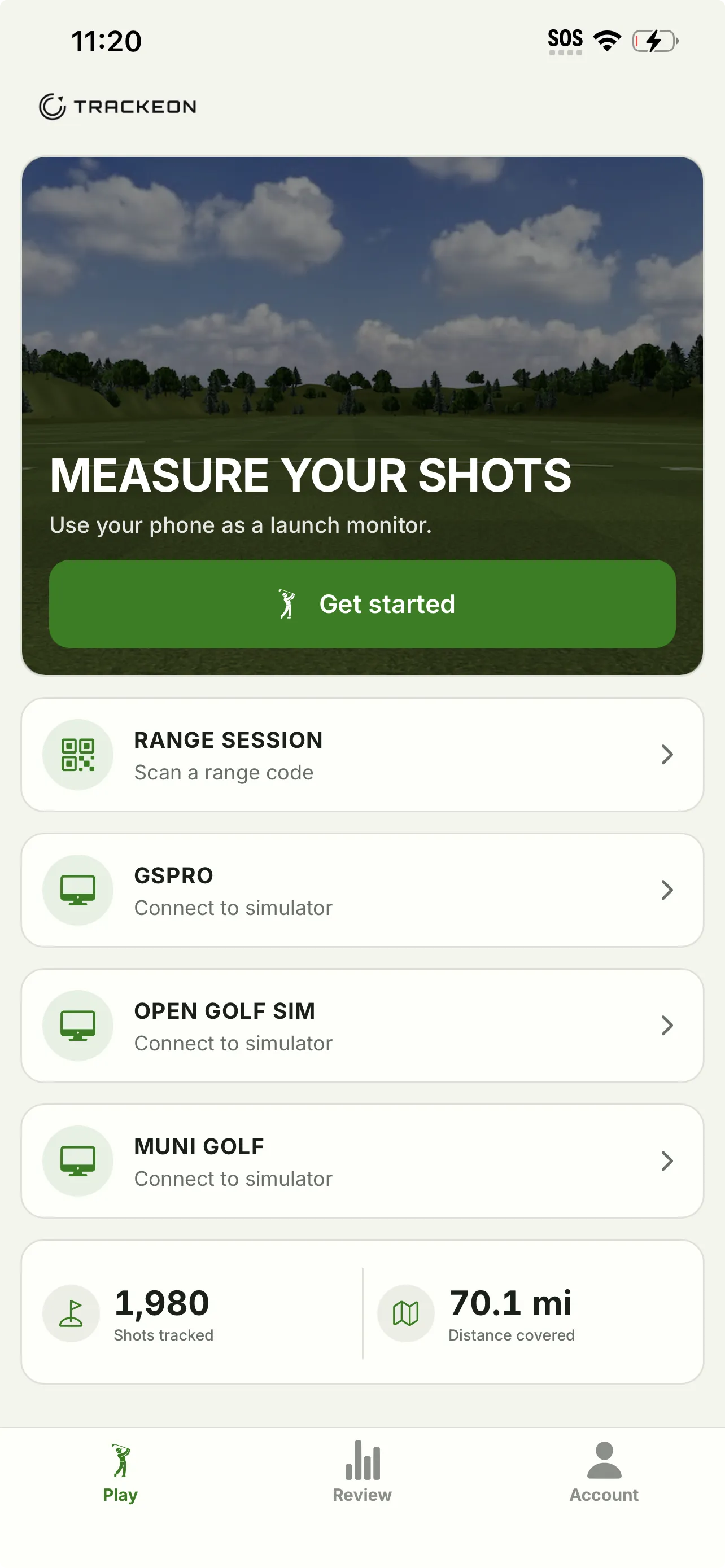 Trackeon Play screen with the Get started button.