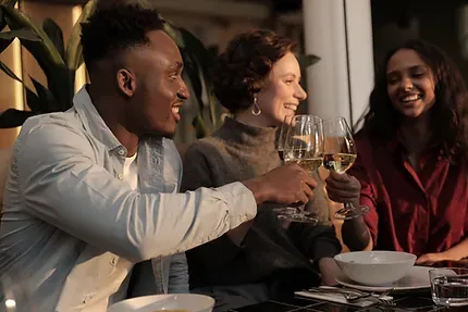 Adults smiling and raising glasses at dinner