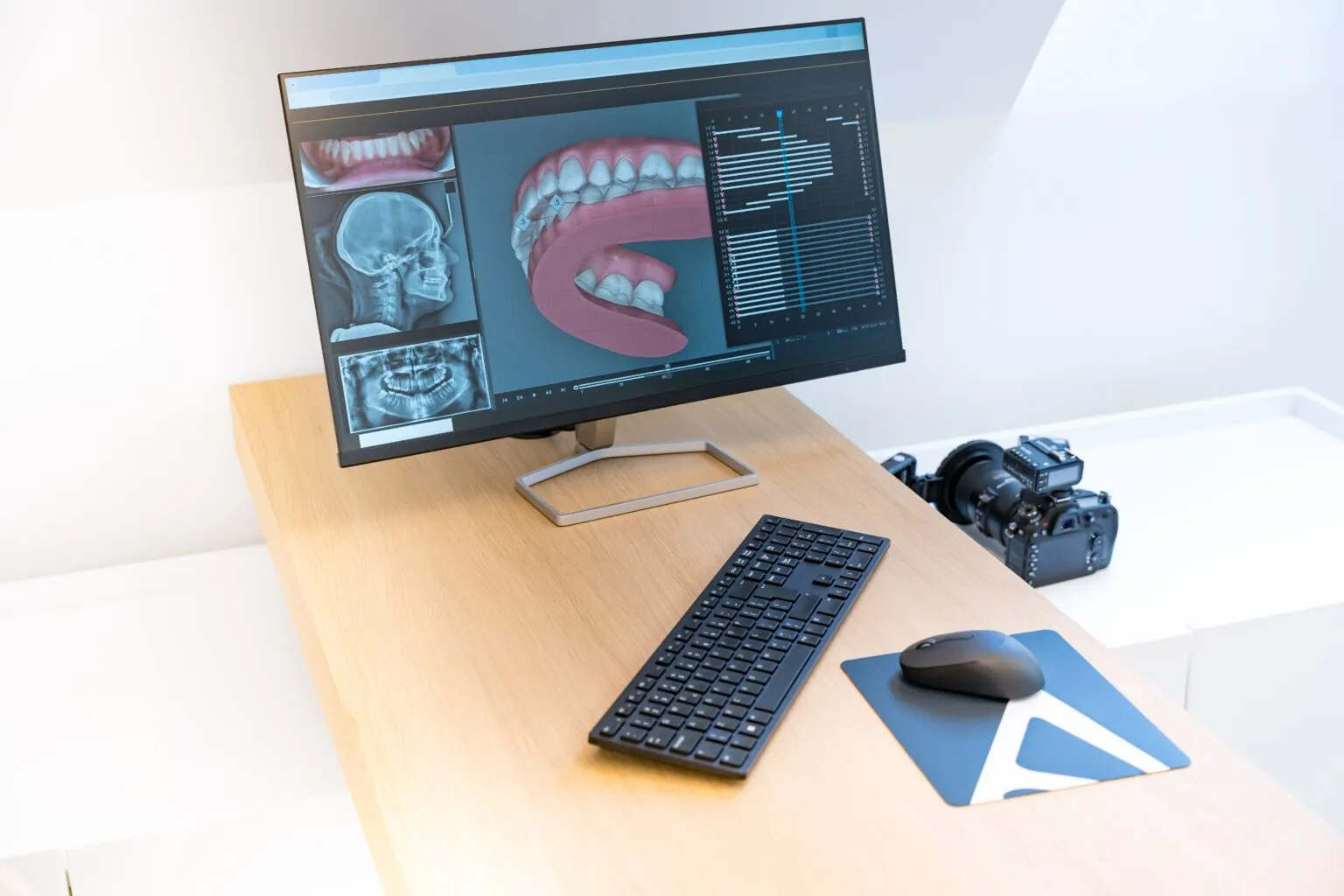Monitor displaying 3D digital orthodontic scans and X-rays beside a keyboard and clinical camera.