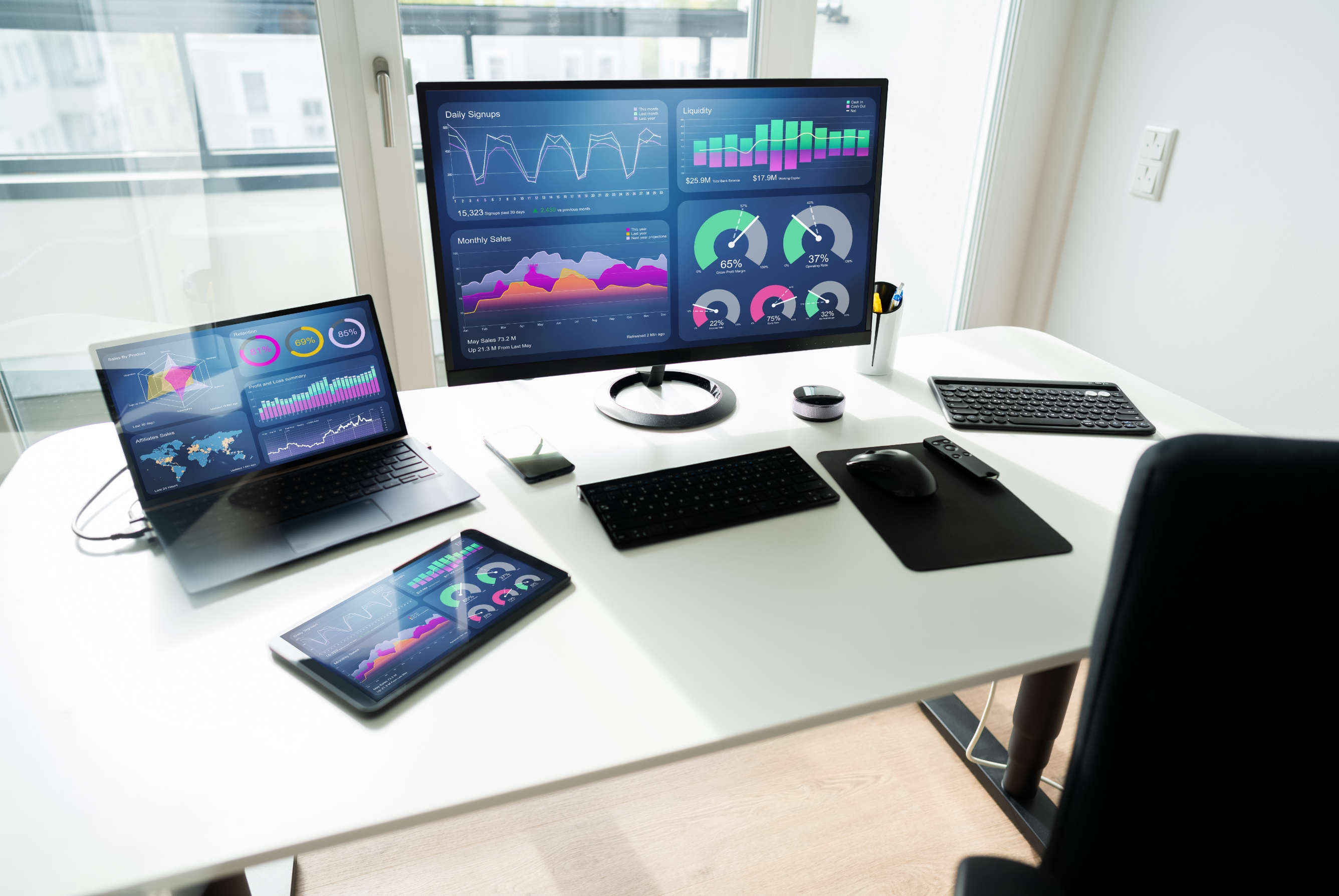 Office with asset management dashboards