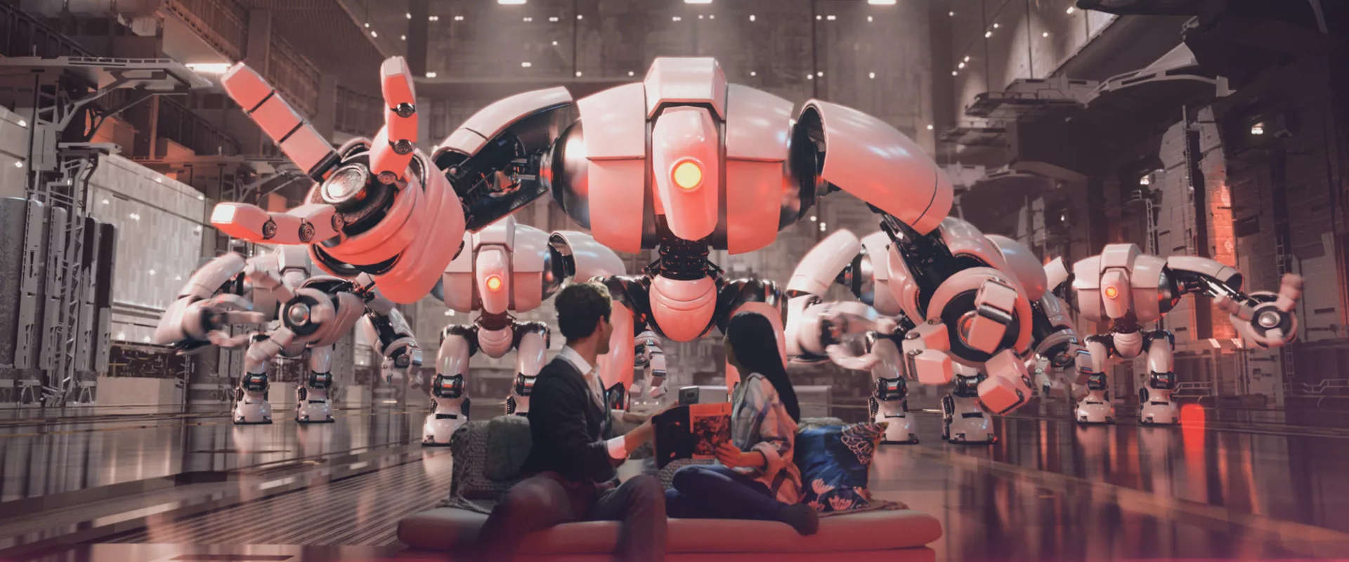 Couple on a couch in a factory setting with large white robots approaching