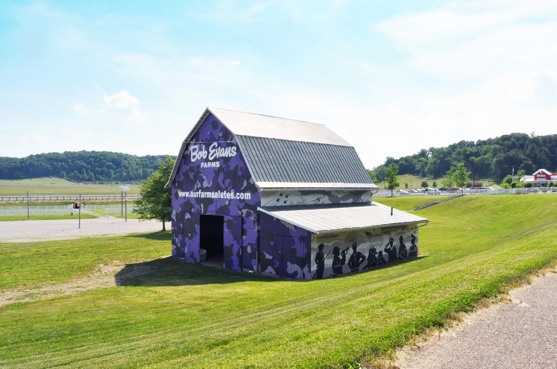 Purple barn with Bob Evans Farms branding