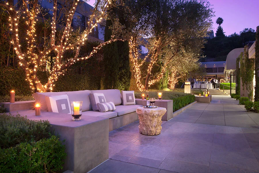 Outdoor patio with glowing string lights