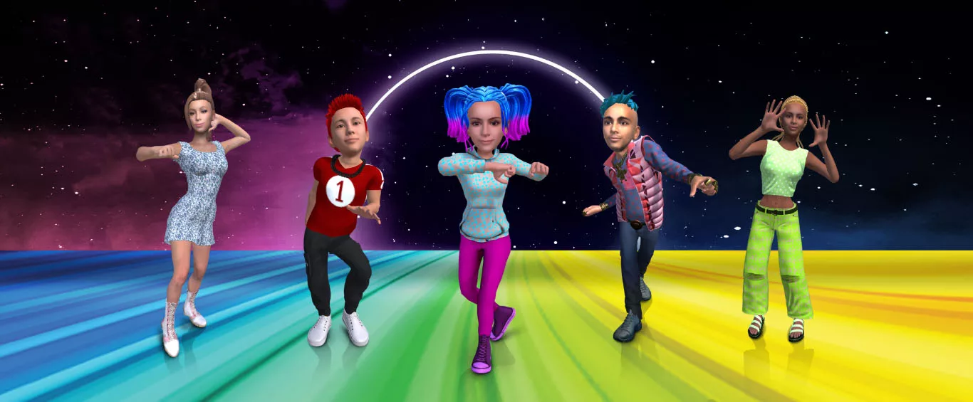 Five animated characters dancing on a colorful rainbow floor against a starry night sky.