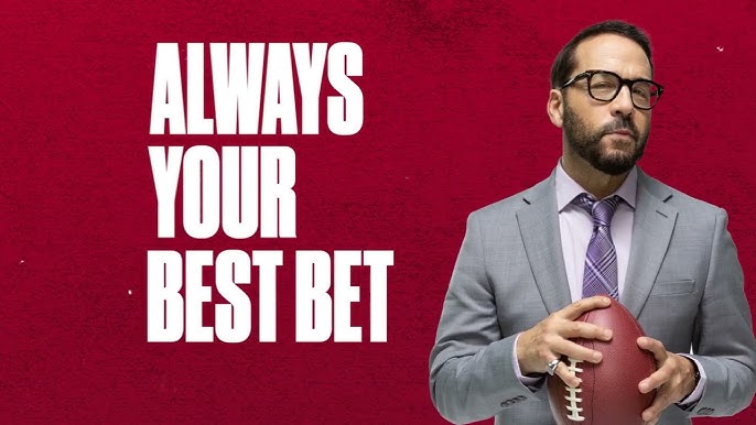 Man in gray suit holding football against red background with "Always Your Best Bet" text.