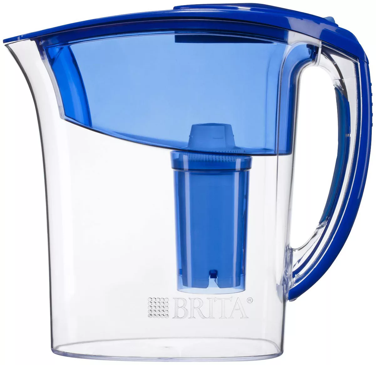 Transparent water filter pitcher with blue lid and filter