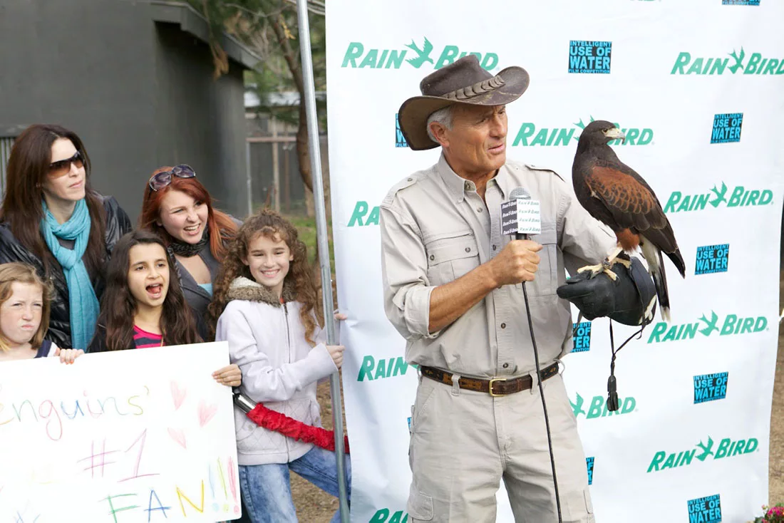 Man in safari outfit holding a hawk at outdoor event