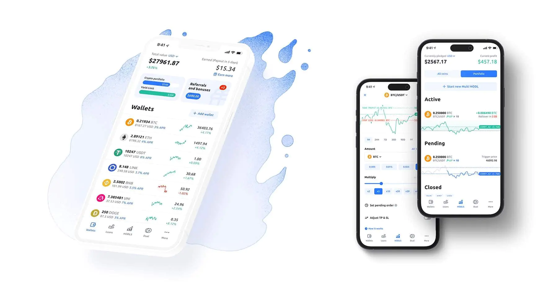 Crypto portfolio app on smartphone screens showing wallet balances