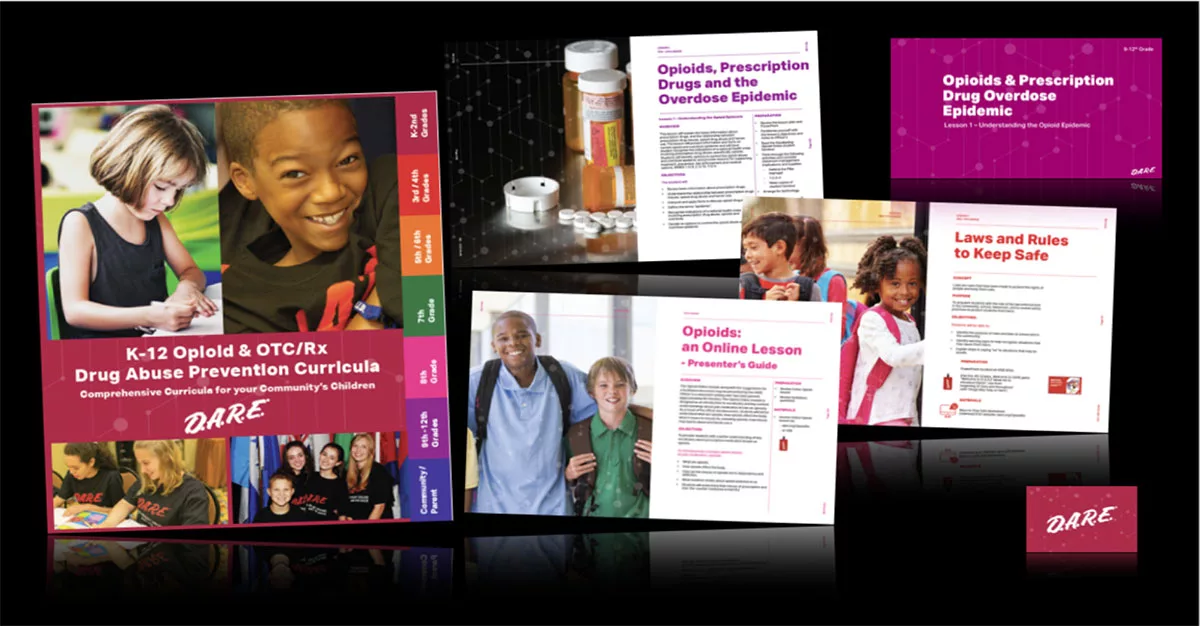 K-12 drug prevention curriculum materials displayed with diverse students and opioid lesson plans.