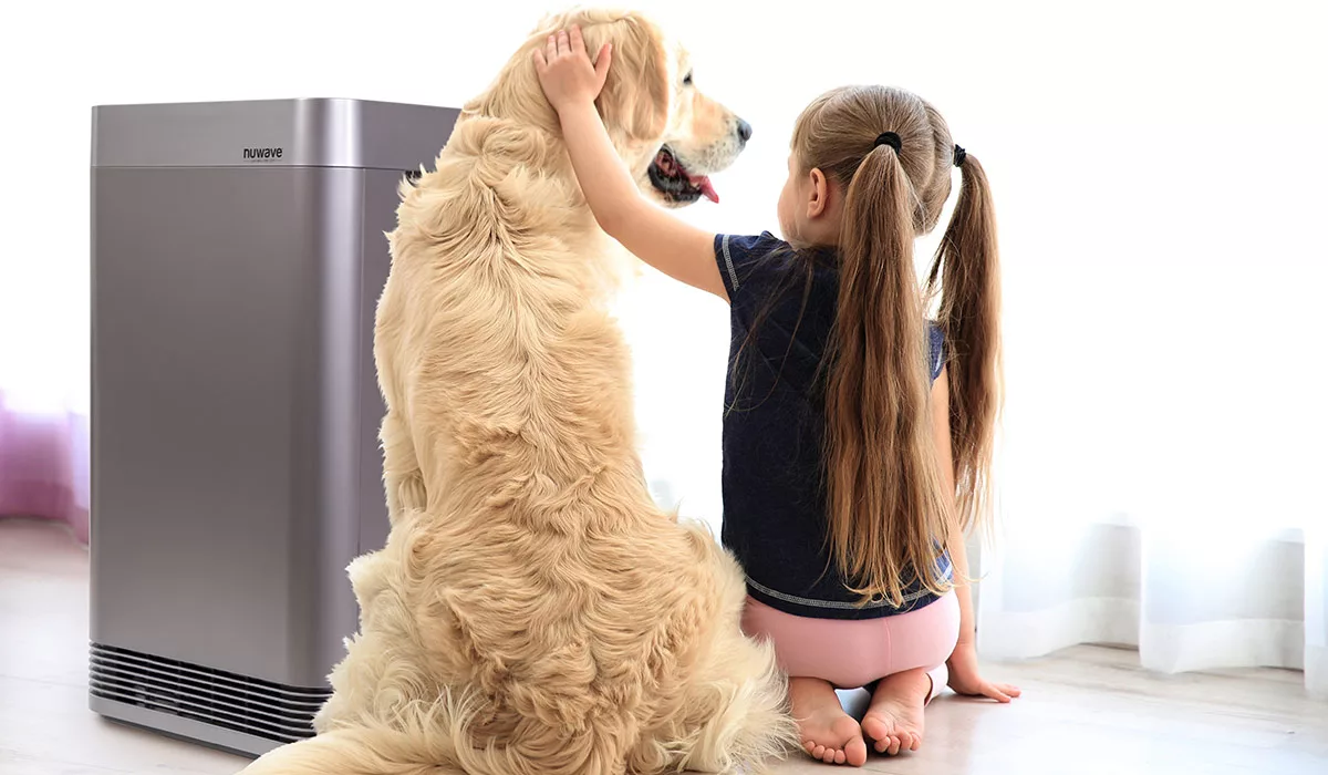 Little girl with long hair sitting and petting a golden retriever beside a modern air purifier in a sunlit room.