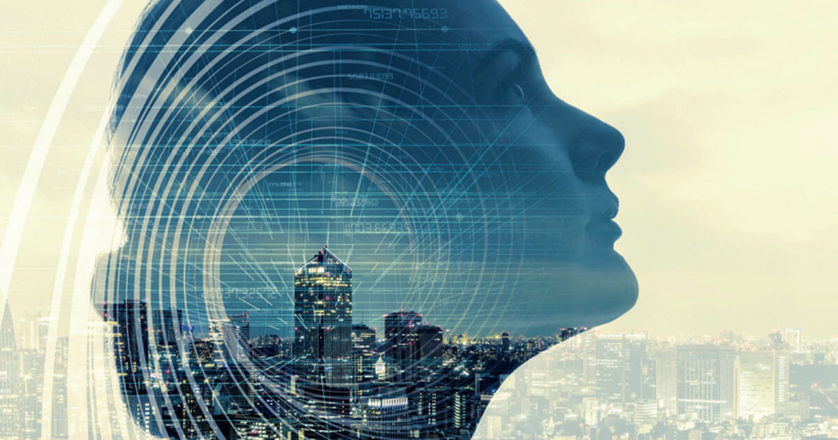 Silhouette of a woman's profile over a futuristic cityscape