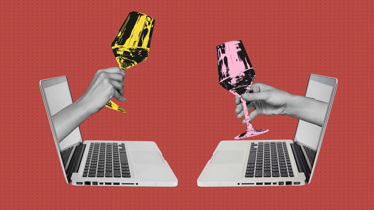 Hands holding colorful glasses rise from laptops against a bright red background, symbolizing virtual celebrations.