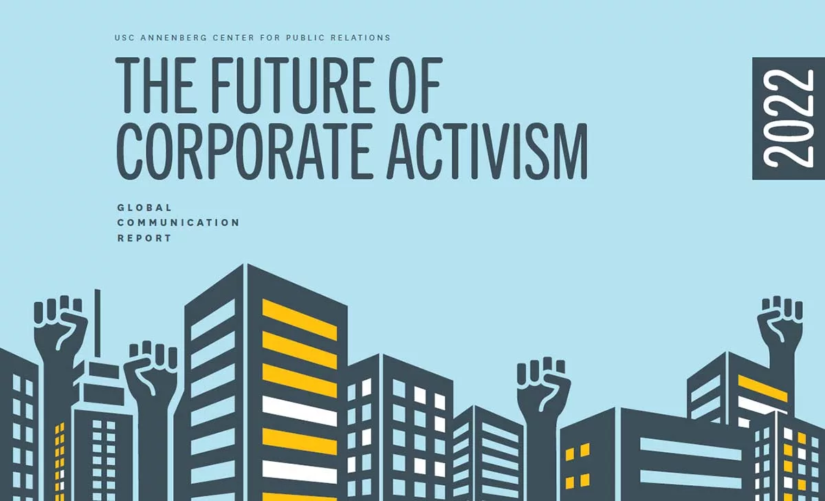 Stylized city skyline with raised fists and text "The Future of Corporate Activism 2022" on light blue background.
