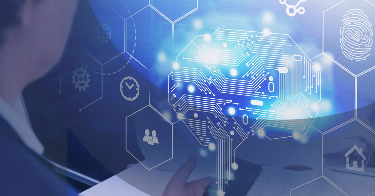 Futuristic digital brain graphic with circuits glowing blue surrounded by hexagonal icons
