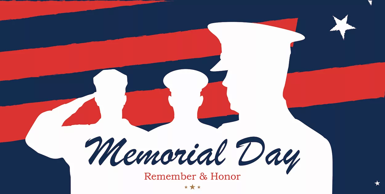 Silhouetted soldiers with salutes on Memorial Day background