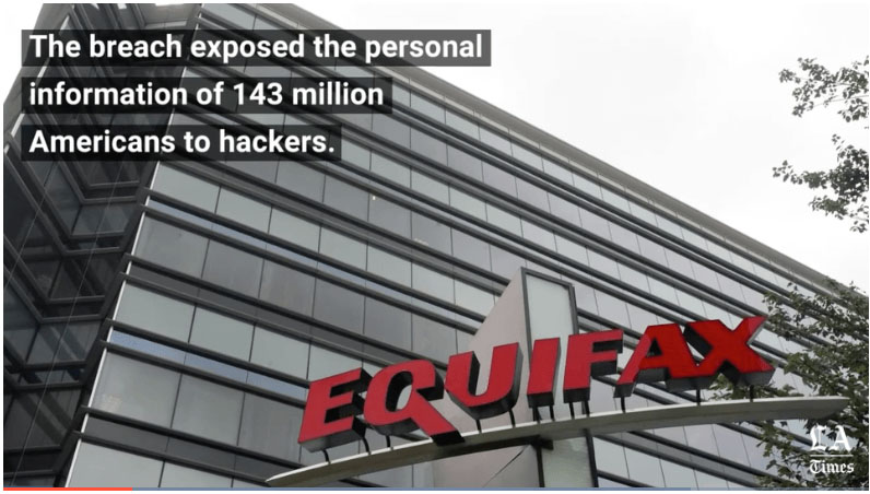 Equifax building with a sign; text highlights data breach exposing 143 million Americans' information to hackers.