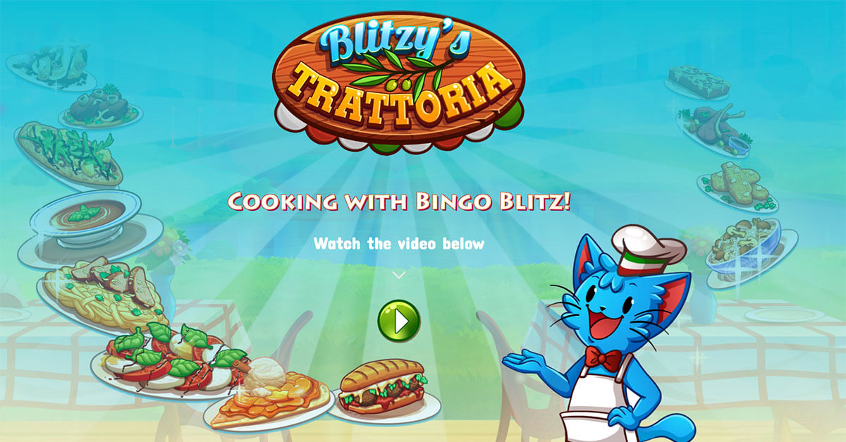 Cartoon cat chef at Blitzy's Trattoria serving dishes like pasta