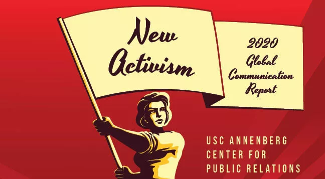 Illustration of a woman holding a flag reading "New Activism