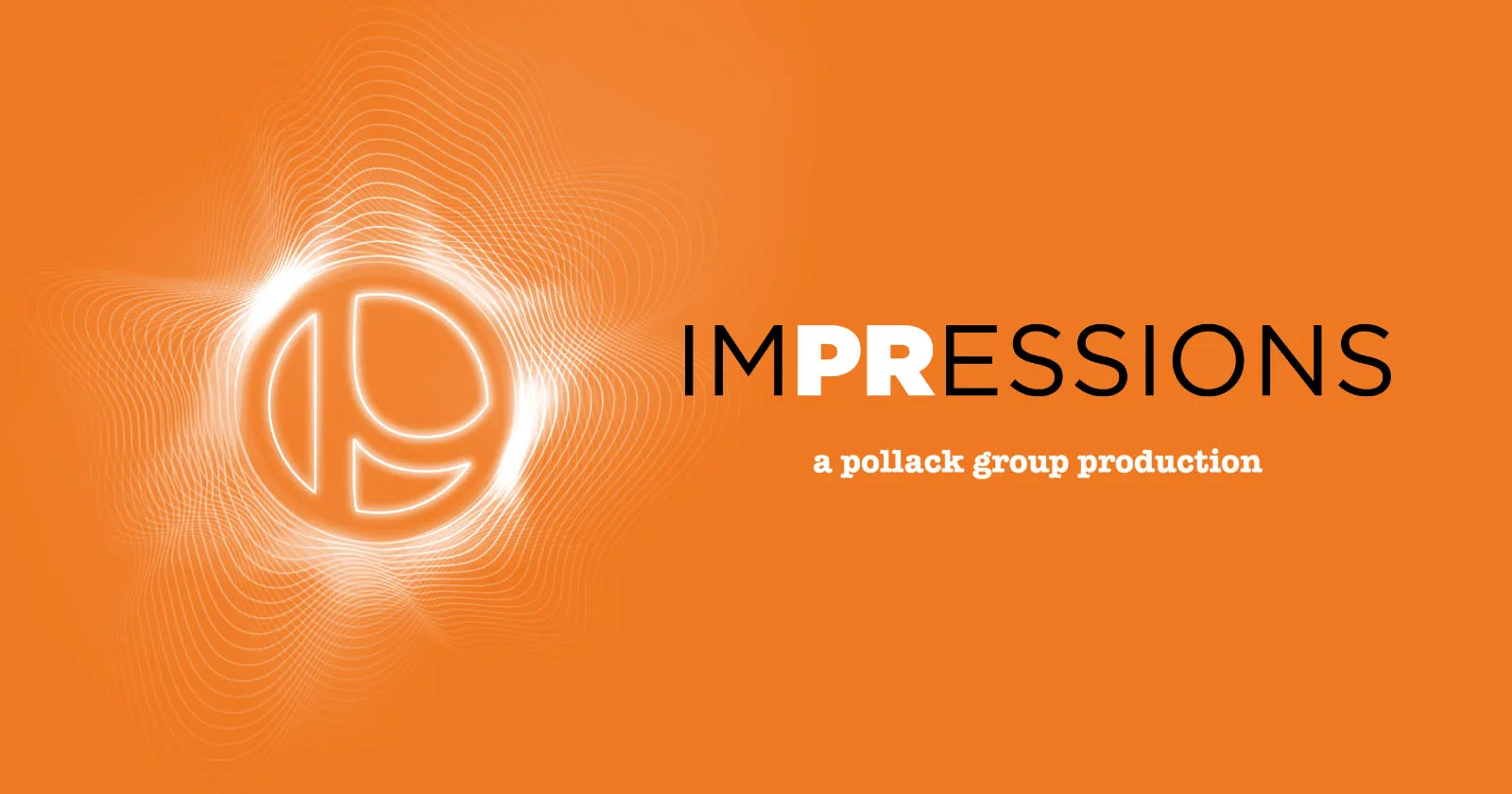 Orange background with a glowing abstract logo and the word "Impressions" in bold black text.