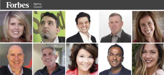 Collage of diverse professionals from Forbes Agency Council smiling confidently.
