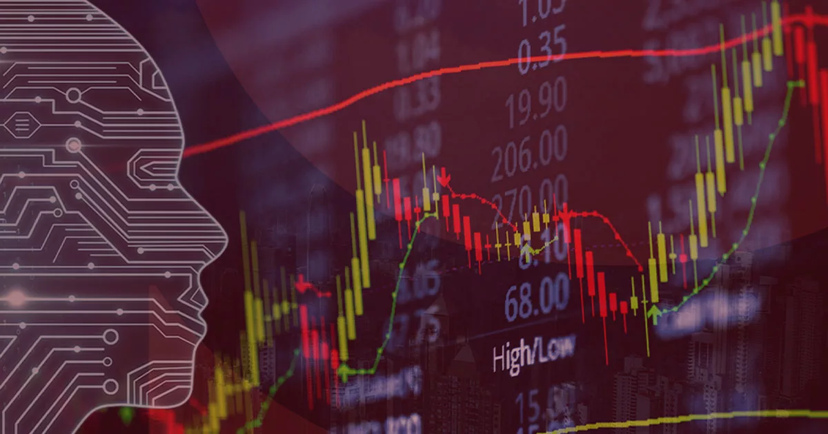 AI-themed digital face alongside fluctuating stock market graphs and numbers on a screen.