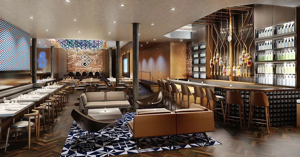 Modern restaurant interior with geometric decor