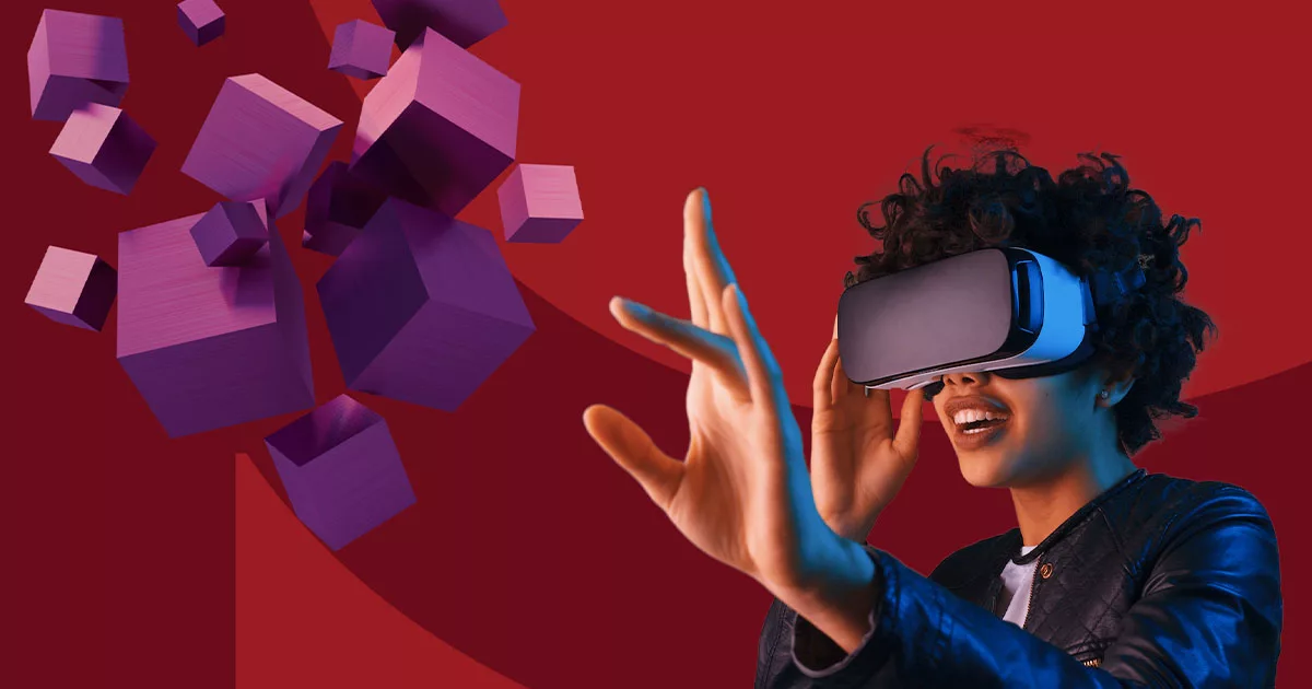 Person using VR headset interacting with floating purple cubes on a red background.