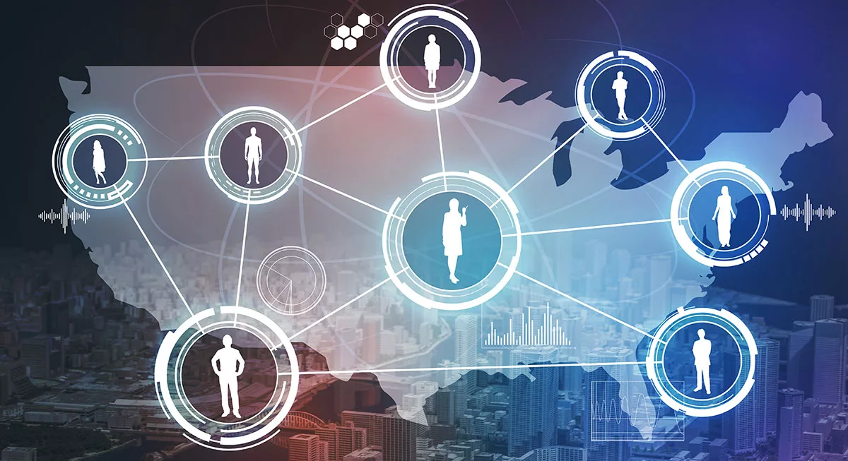 Digital network on US map with connected silhouettes and cityscape background.