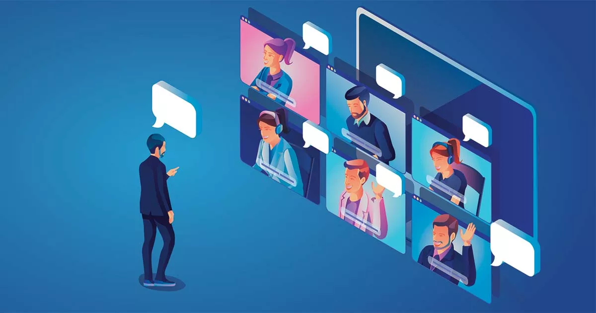 Illustration of a virtual meeting with diverse professionals on video call screens